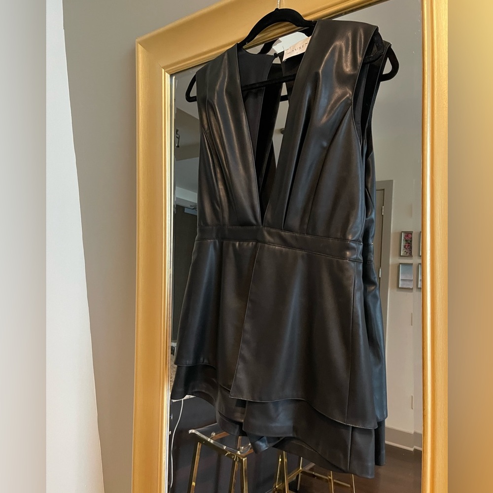 Sleeveless Faux Leather Deep V Neck Romper - Black